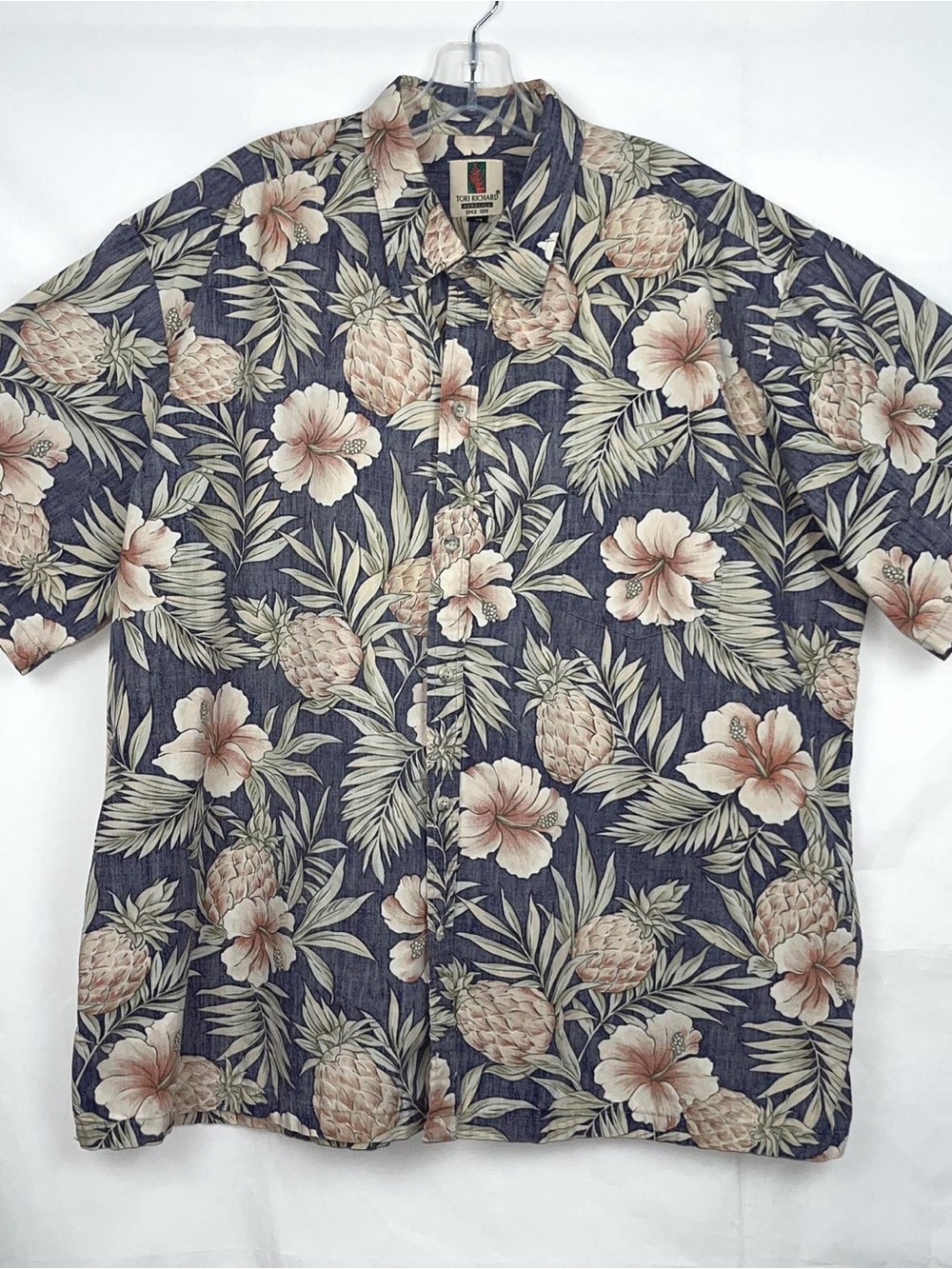 Tori Richard Navy Hawaiian Pineapple & Hibiscus Camp Shirt